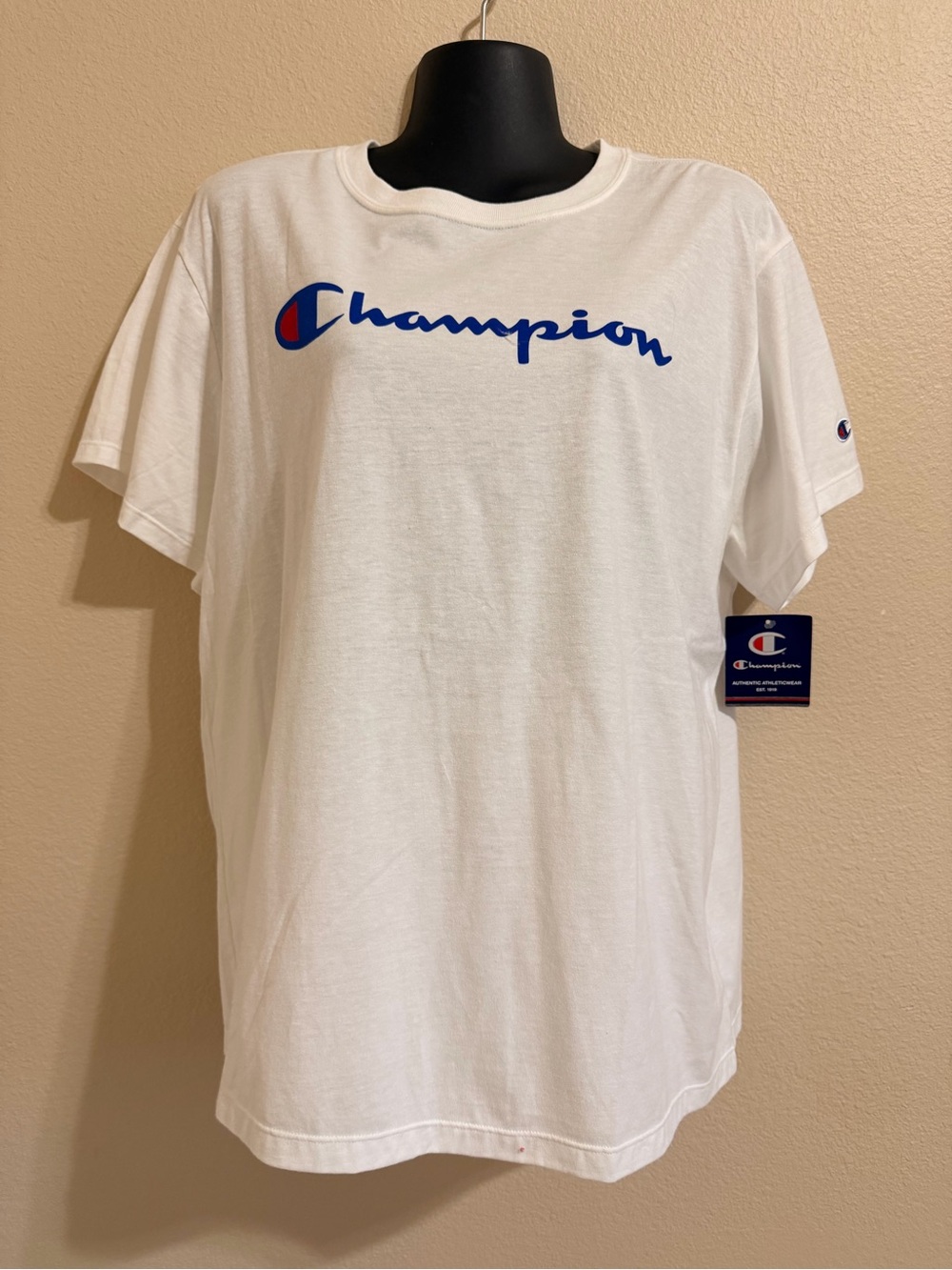 Champion White Short Sleeve Tee with Blue & Red Script Logo